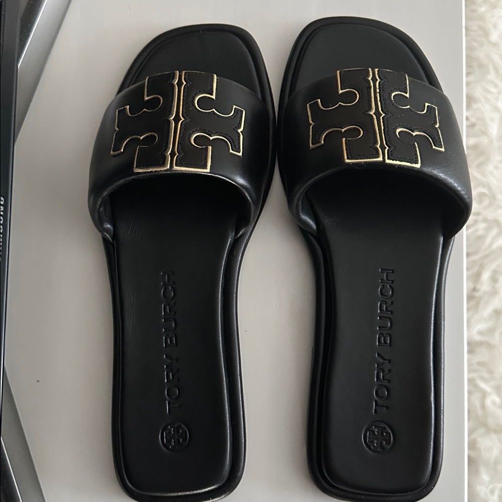 NEW Tory Burch Black Sandals with Gold Accents - Picture 3 of 5